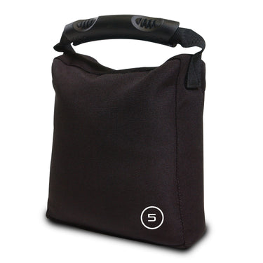 Black fabric crossbody bag with padded handle and secure zipper closure