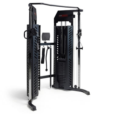 A black and silver cable machine with dual pulley systems, dual weight stacks, and attachment handles, photographed on a clean white background.