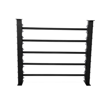 Black steel storage rack frame with four horizontal shelves and adjustable mounting holes