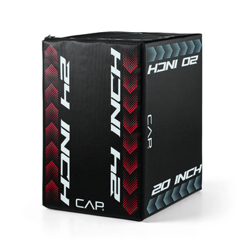 A black rectangular plyometric box with red and white geometric side panels and white text reading 'CAP', '24 INCH' and '20 INCH'.