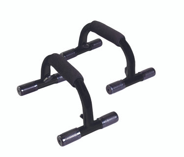 Black push-up bar handles fitness workout equipment with foam grips and steel threaded bars