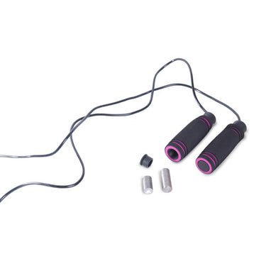 Black and pink padded skipping rope handles with textured grip and adjustable end caps