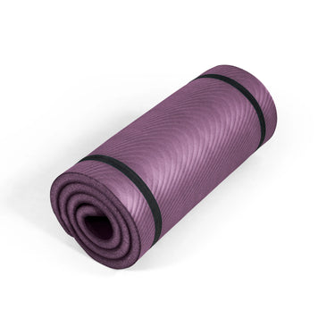Purple yoga mat roll with textured grip surface and black carry straps
