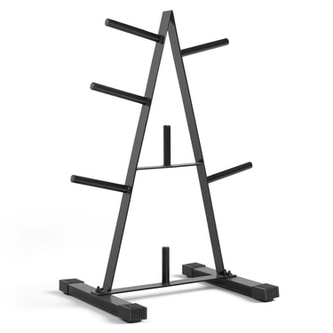 Black steel exercise barbell stand with adjustable support arms and rubber feet