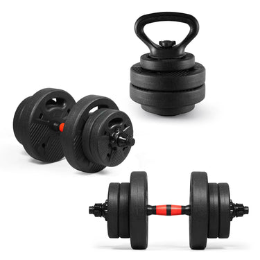 Adjustable dumbbell set in black with textured grip and rubber-coated weight plates