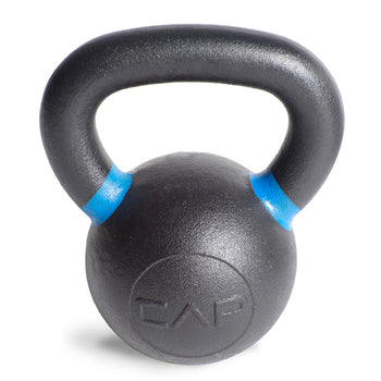 Black and blue kettlebell handle with textured grip and durable cast-iron material