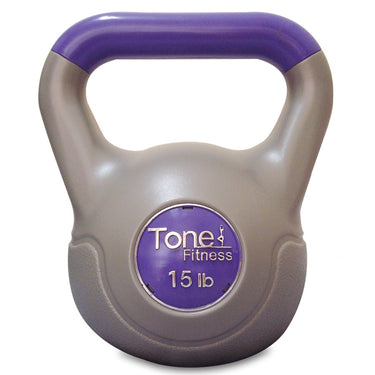 Tone Fitness 15 lb vinyl kettlebell with purple handle and durable rubber grip