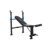 Adjustable flat-to-incline weight bench in black steel with blue accents and padded seat